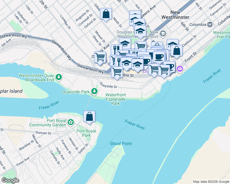 map of restaurants, bars, coffee shops, grocery stores, and more near 1150 Quayside Drive in New Westminster