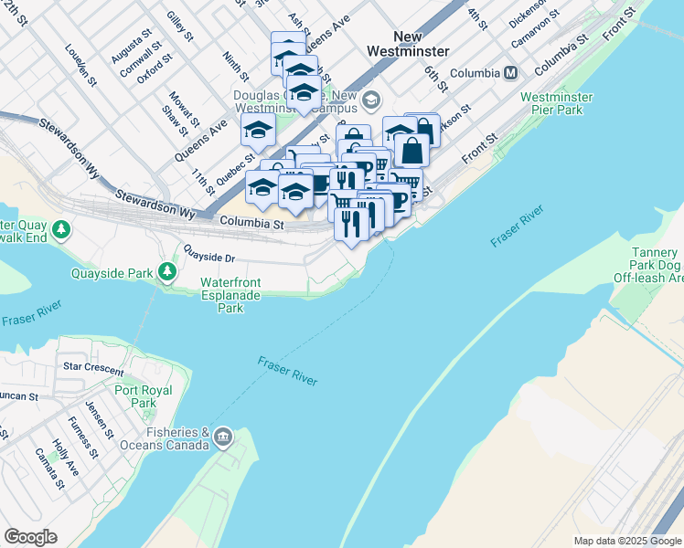 map of restaurants, bars, coffee shops, grocery stores, and more near 3 K De K Court in New Westminster