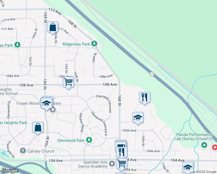 map of restaurants, bars, coffee shops, grocery stores, and more near 16740 108 Avenue in Surrey