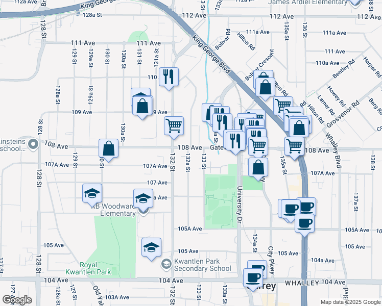map of restaurants, bars, coffee shops, grocery stores, and more near 13260 108 Avenue in Surrey