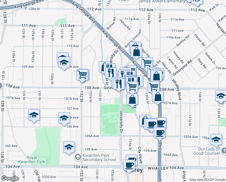 map of restaurants, bars, coffee shops, grocery stores, and more near 13380 108 Avenue in Surrey