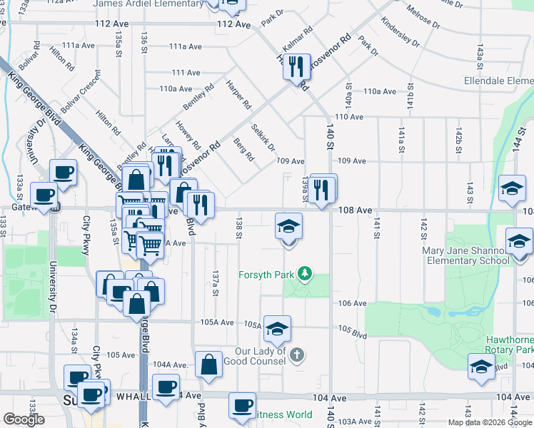 map of restaurants, bars, coffee shops, grocery stores, and more near 13858 108 Avenue in Surrey