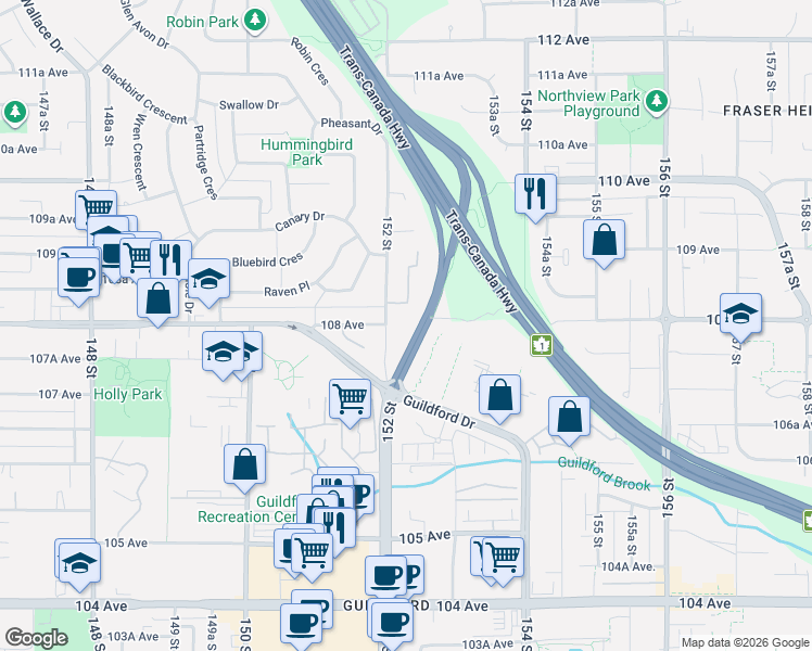 map of restaurants, bars, coffee shops, grocery stores, and more near 15160 108 Avenue in Surrey