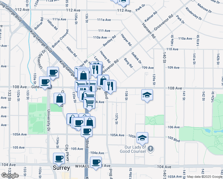 map of restaurants, bars, coffee shops, grocery stores, and more near in Surrey