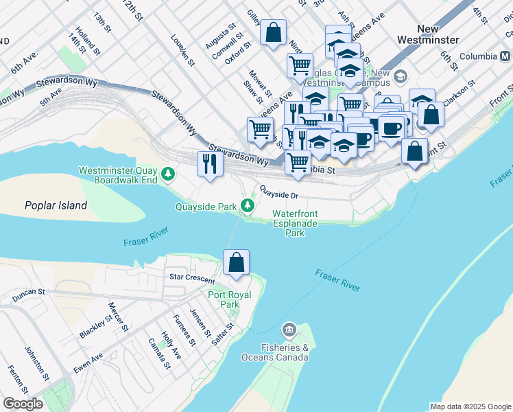map of restaurants, bars, coffee shops, grocery stores, and more near 1250 Quayside Drive in New Westminster
