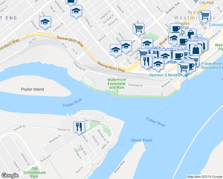 map of restaurants, bars, coffee shops, grocery stores, and more near in New Westminster