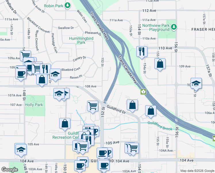 map of restaurants, bars, coffee shops, grocery stores, and more near 15160 108 Avenue in Surrey