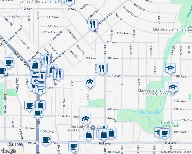 map of restaurants, bars, coffee shops, grocery stores, and more near 13958 108 Avenue in Surrey