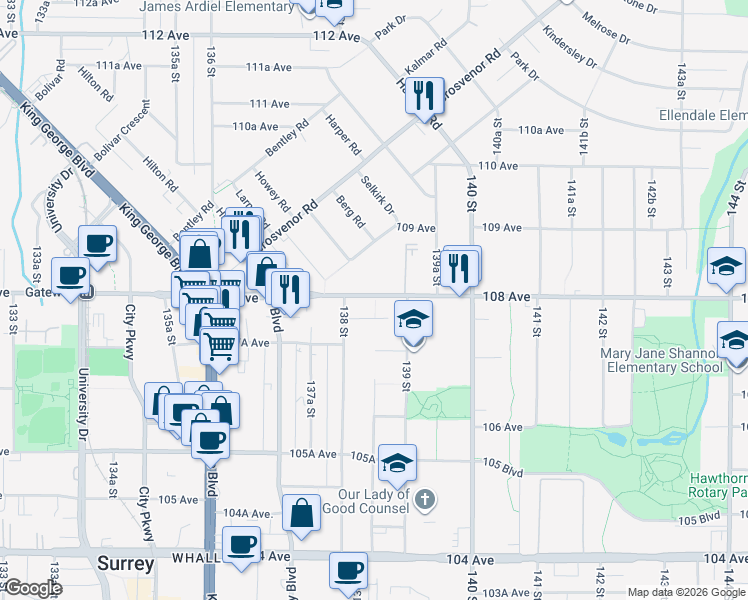 map of restaurants, bars, coffee shops, grocery stores, and more near 13832 108 Avenue in Surrey