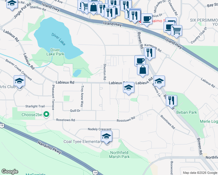 map of restaurants, bars, coffee shops, grocery stores, and more near 2387 Barclay Road in Nanaimo
