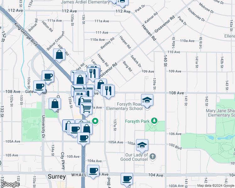 map of restaurants, bars, coffee shops, grocery stores, and more near 13768 108 Avenue in Surrey