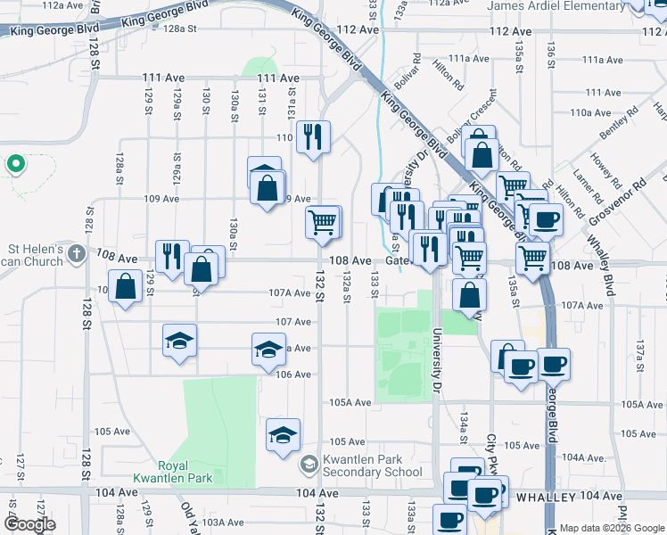 map of restaurants, bars, coffee shops, grocery stores, and more near 13240 108 Avenue in Surrey