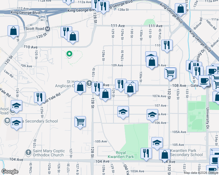 map of restaurants, bars, coffee shops, grocery stores, and more near 12896 108 Avenue in Surrey