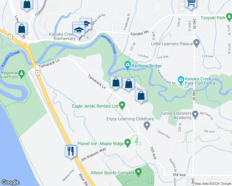 map of restaurants, bars, coffee shops, grocery stores, and more near 23571 108 Avenue in Maple Ridge