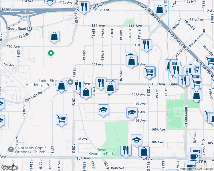 map of restaurants, bars, coffee shops, grocery stores, and more near in Surrey