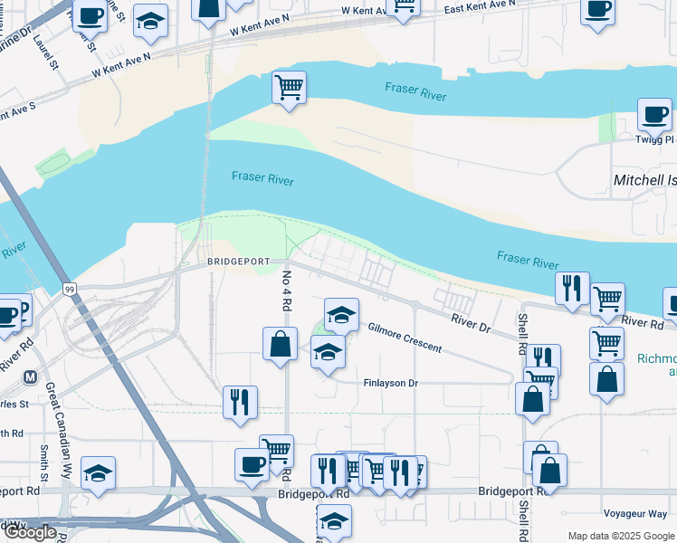 map of restaurants, bars, coffee shops, grocery stores, and more near 10119 River Drive in Richmond