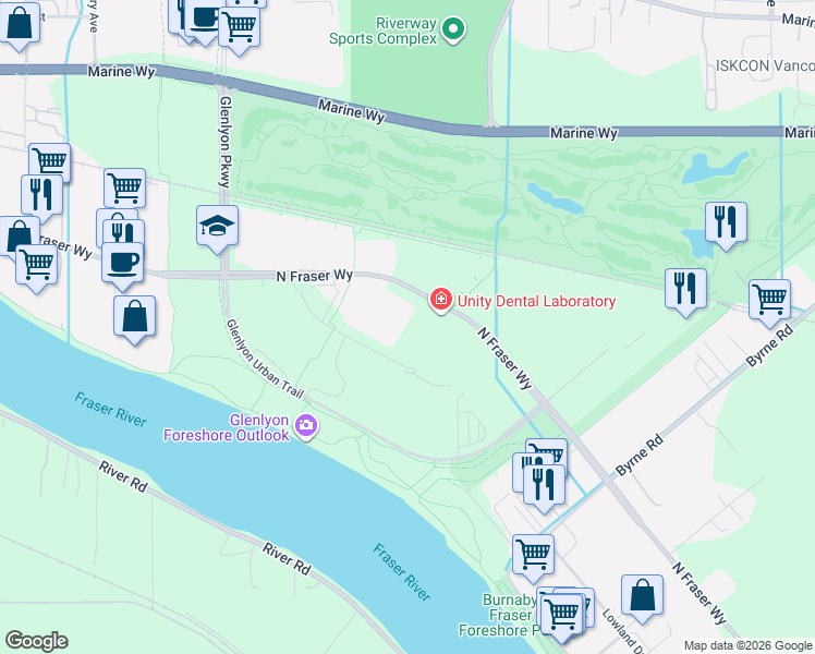 map of restaurants, bars, coffee shops, grocery stores, and more near 5118 North Fraser Way in Burnaby