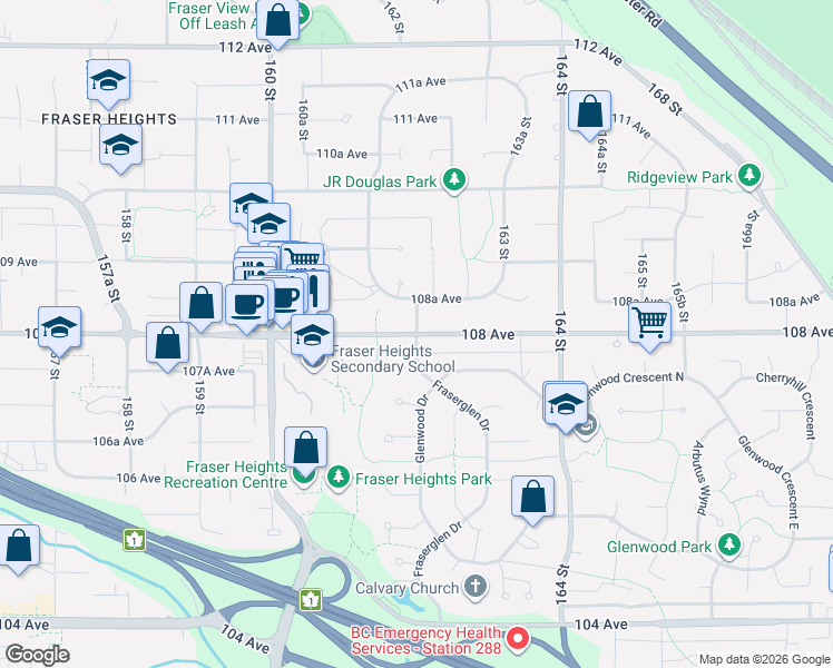 map of restaurants, bars, coffee shops, grocery stores, and more near 16200 108 Avenue in Surrey