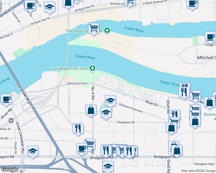 map of restaurants, bars, coffee shops, grocery stores, and more near 10119 River Drive in Richmond