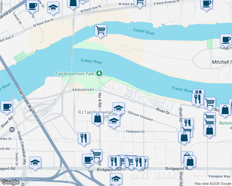 map of restaurants, bars, coffee shops, grocery stores, and more near 10119 River Drive in Richmond