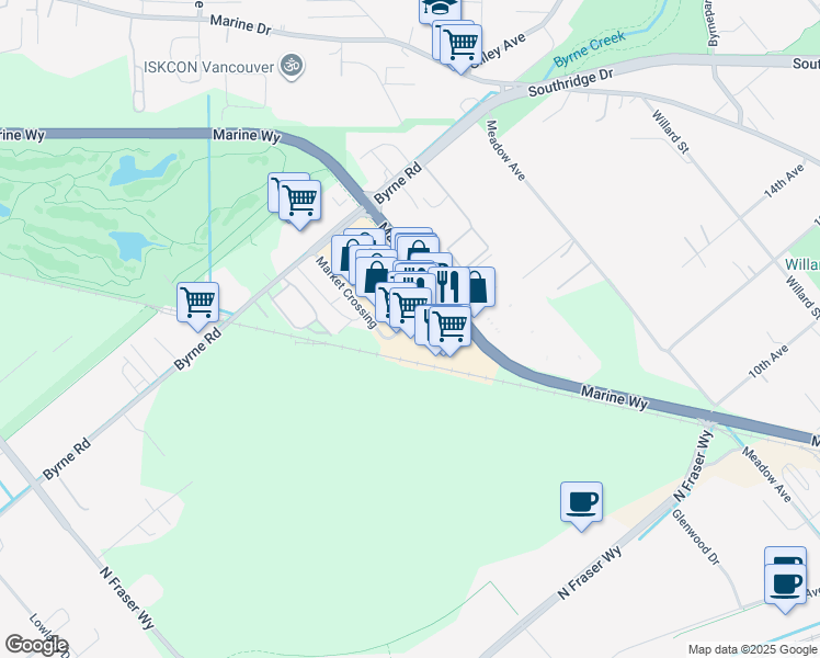 map of restaurants, bars, coffee shops, grocery stores, and more near 7501 Market Crossing in Burnaby