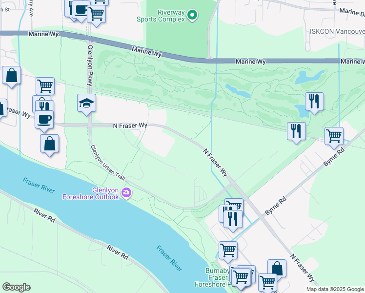 map of restaurants, bars, coffee shops, grocery stores, and more near 5108 North Fraser Way in Burnaby