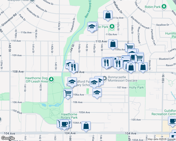 map of restaurants, bars, coffee shops, grocery stores, and more near 14513 108 Avenue in Surrey