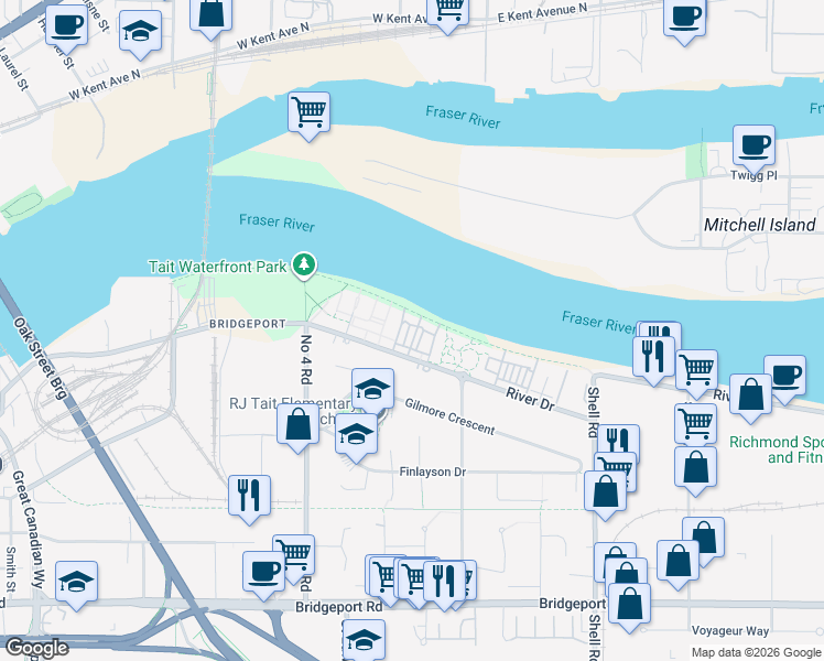 map of restaurants, bars, coffee shops, grocery stores, and more near 10199 River Drive in Richmond