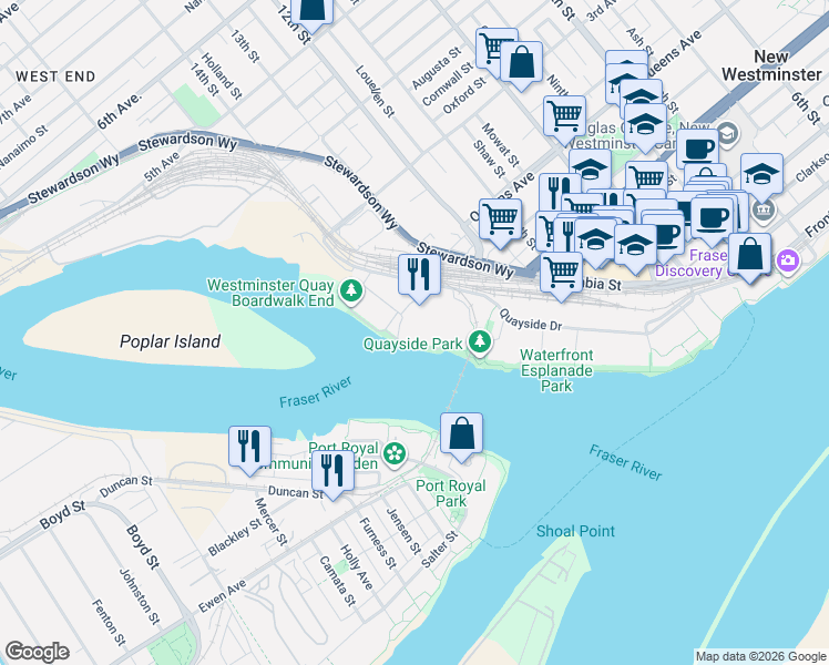 map of restaurants, bars, coffee shops, grocery stores, and more near 2 Renaissance Square in New Westminster