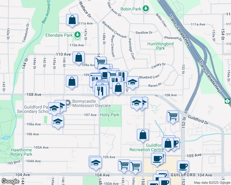map of restaurants, bars, coffee shops, grocery stores, and more near 14850 108 Avenue in Surrey