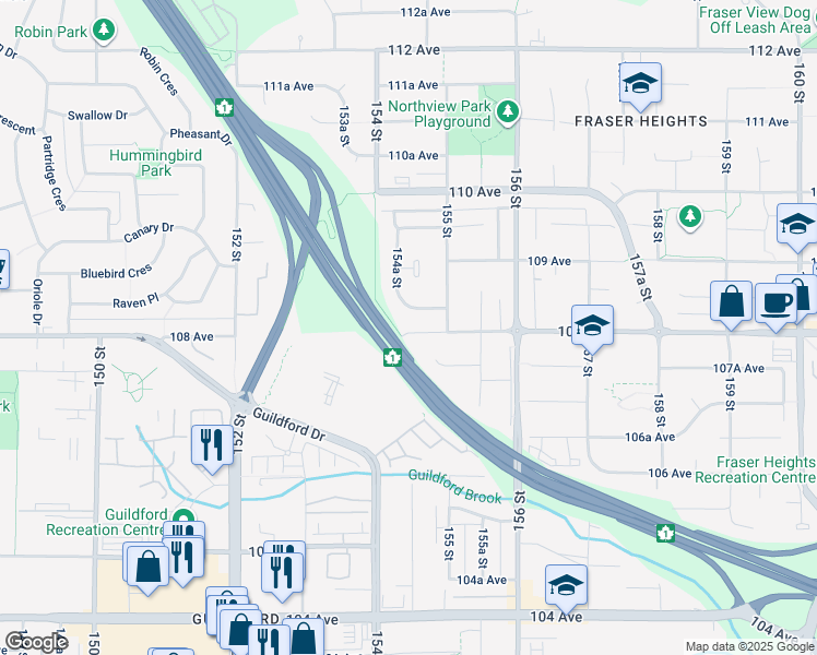 map of restaurants, bars, coffee shops, grocery stores, and more near 15453 108 Avenue in Surrey