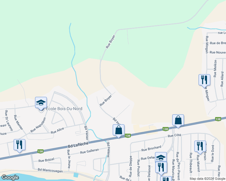 map of restaurants, bars, coffee shops, grocery stores, and more near 1906 Rue Boyer in Baie-Comeau