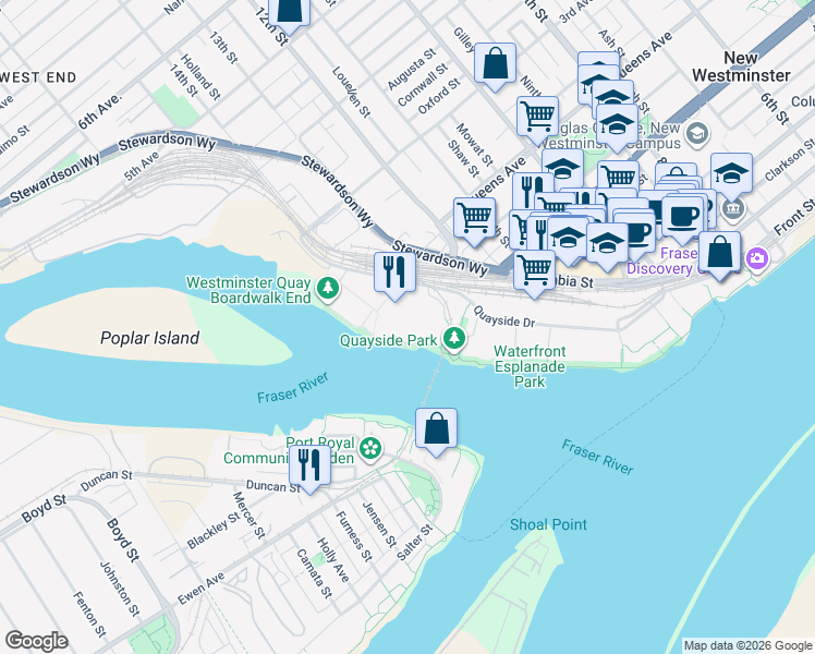 map of restaurants, bars, coffee shops, grocery stores, and more near 3 Renaissance Square in New Westminster