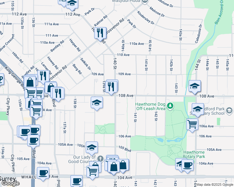 map of restaurants, bars, coffee shops, grocery stores, and more near 14047 108 Avenue in Surrey