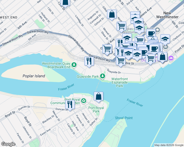 map of restaurants, bars, coffee shops, grocery stores, and more near 3 Renaissance Square in New Westminster