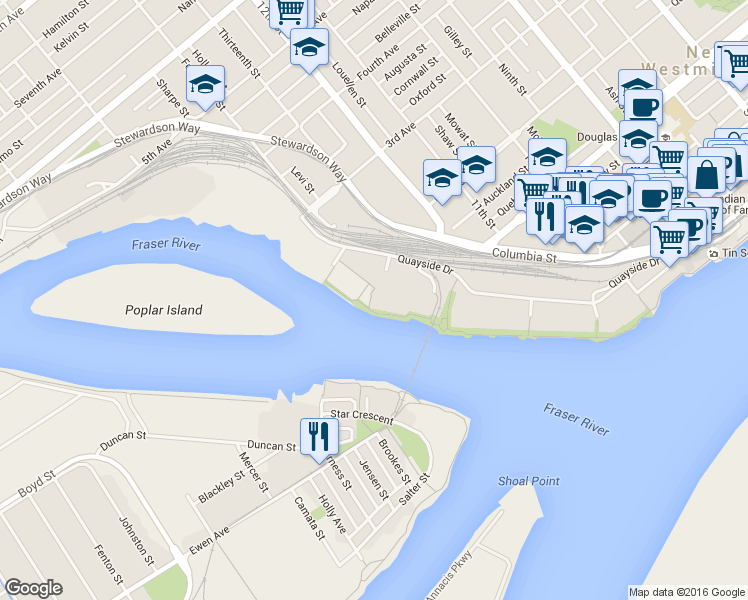 map of restaurants, bars, coffee shops, grocery stores, and more near in New Westminster