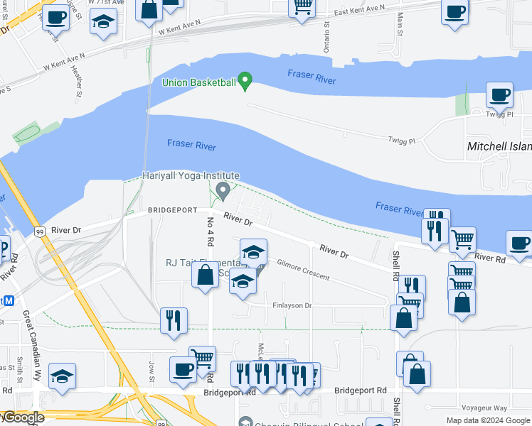 map of restaurants, bars, coffee shops, grocery stores, and more near 10177 River Drive in Richmond