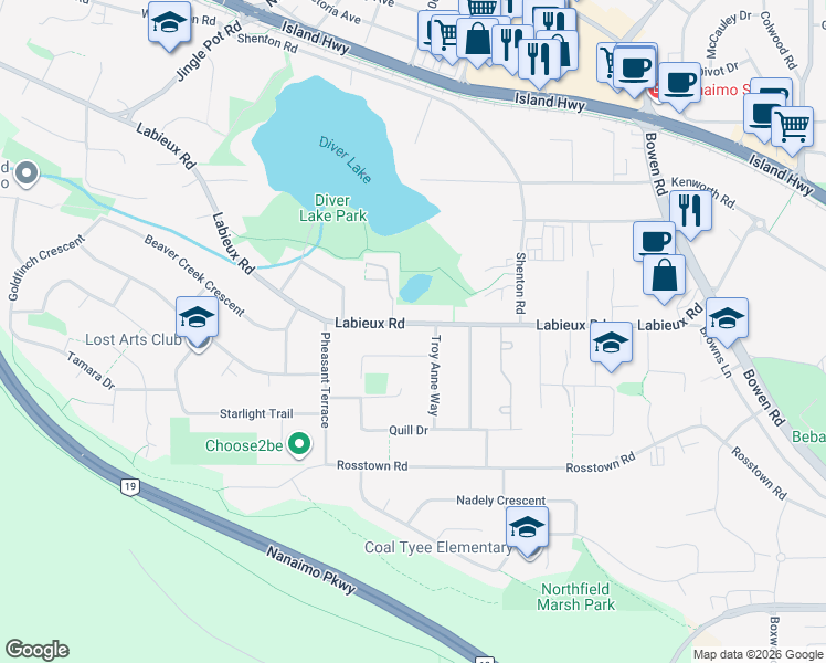 map of restaurants, bars, coffee shops, grocery stores, and more near 2532 Theresa Terrace in Nanaimo