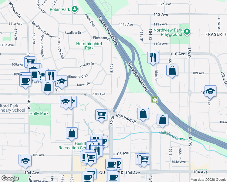 map of restaurants, bars, coffee shops, grocery stores, and more near 10806 152 Street in Surrey