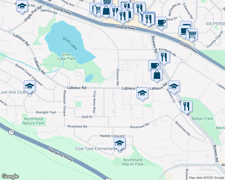 map of restaurants, bars, coffee shops, grocery stores, and more near 2387 Barclay Road in Nanaimo