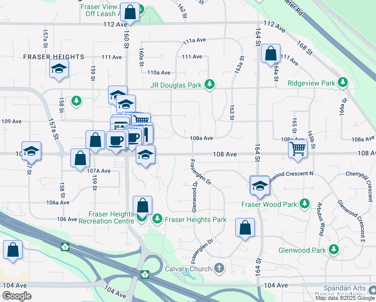 map of restaurants, bars, coffee shops, grocery stores, and more near 10811 162 Street in Surrey