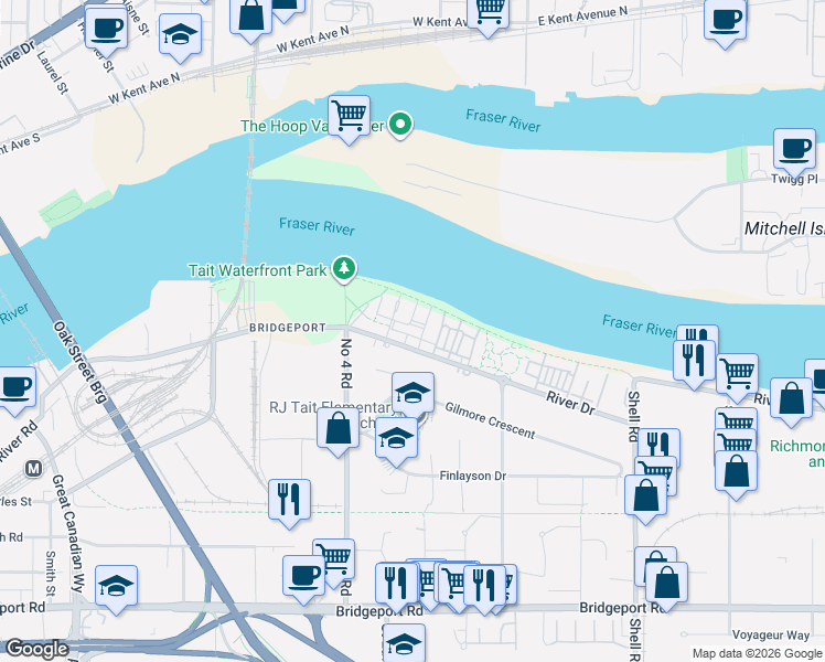 map of restaurants, bars, coffee shops, grocery stores, and more near 10133 River Drive in Richmond
