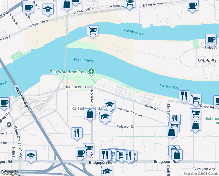 map of restaurants, bars, coffee shops, grocery stores, and more near 10133 River Drive in Richmond