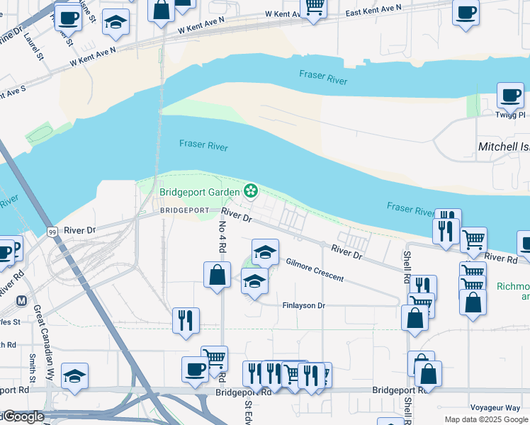 map of restaurants, bars, coffee shops, grocery stores, and more near 10133 River Drive in Richmond