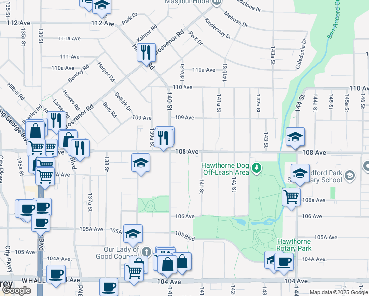 map of restaurants, bars, coffee shops, grocery stores, and more near 14047 108 Avenue in Surrey