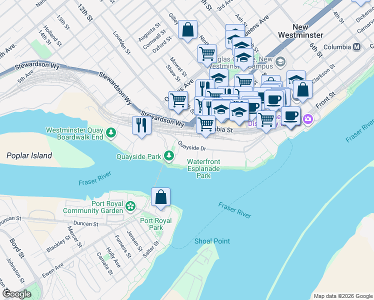 map of restaurants, bars, coffee shops, grocery stores, and more near 1230 Quayside Drive in New Westminster