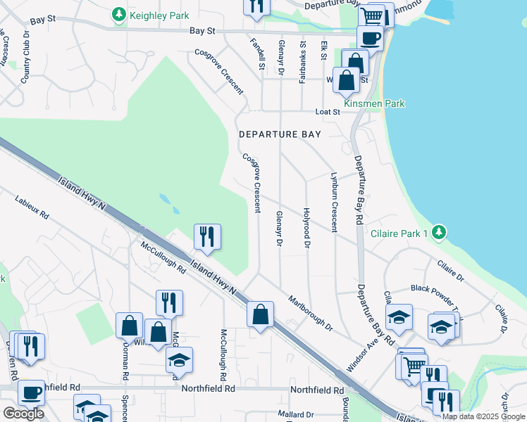 map of restaurants, bars, coffee shops, grocery stores, and more near 2490 Cosgrove Crescent in Nanaimo