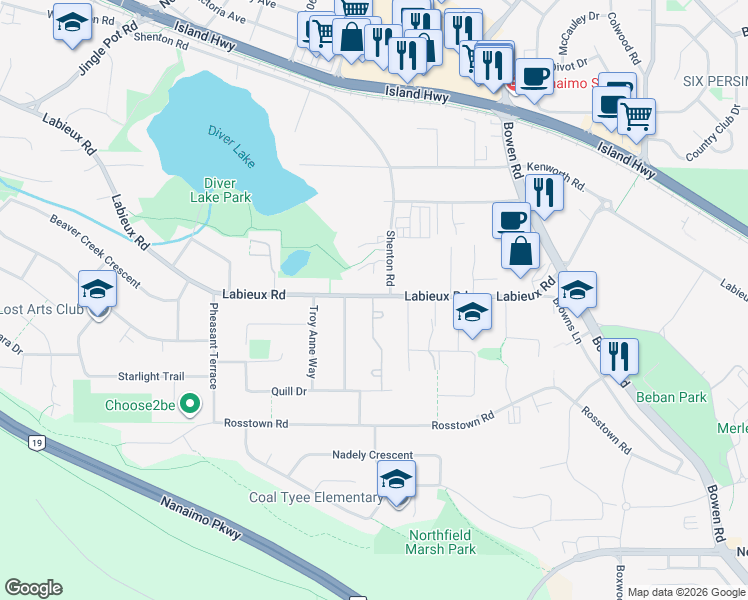 map of restaurants, bars, coffee shops, grocery stores, and more near 2501 Labieux Road in Nanaimo