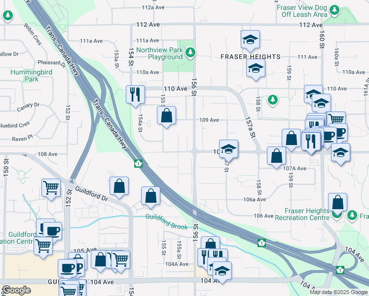 map of restaurants, bars, coffee shops, grocery stores, and more near 15571 108 Avenue in Surrey