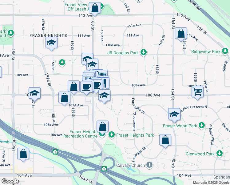 map of restaurants, bars, coffee shops, grocery stores, and more near 16111 108 Avenue in Surrey